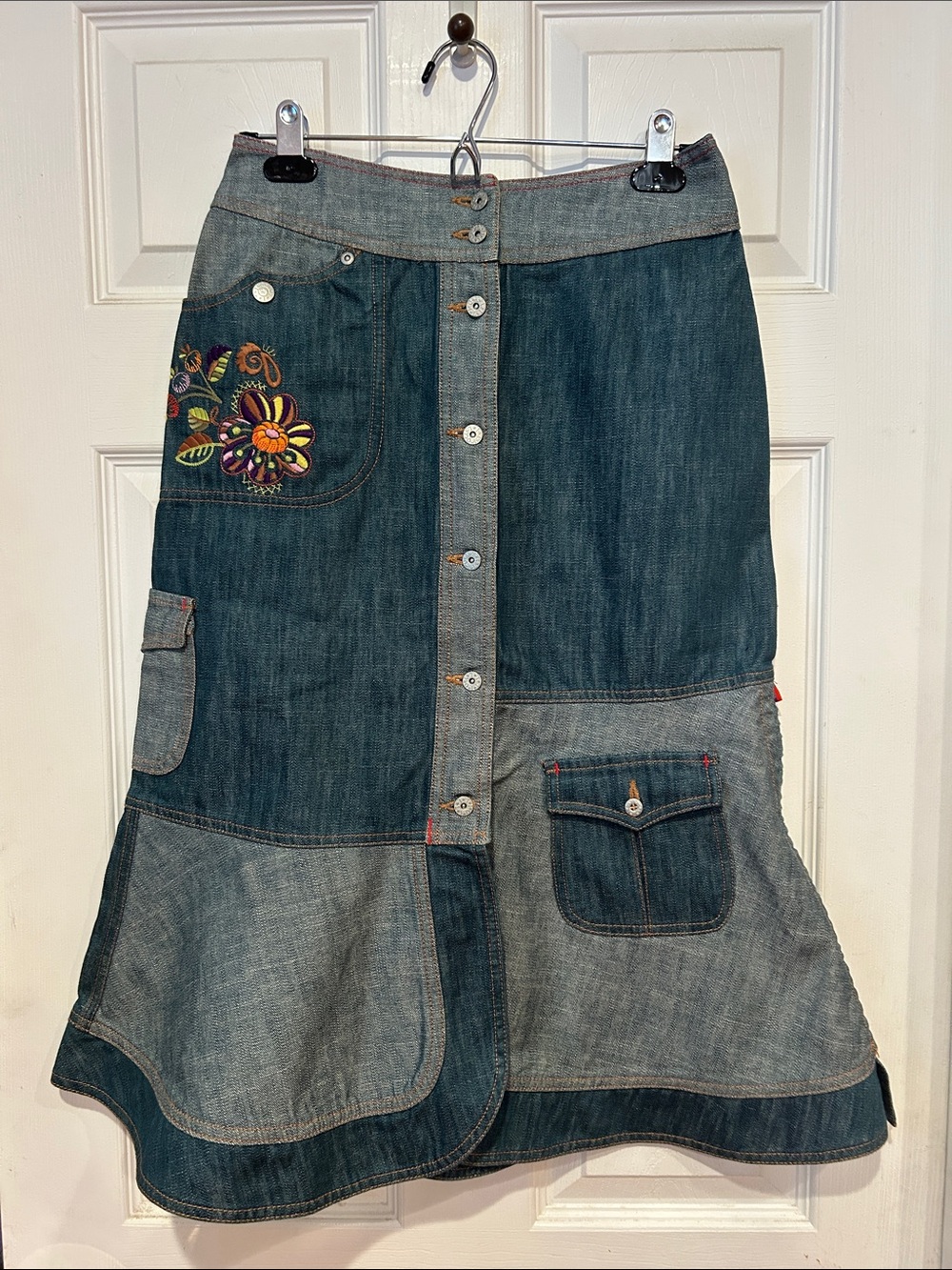Oilily Two-Tone Denim A-Line Skirt with Embroidered Floral Patch
